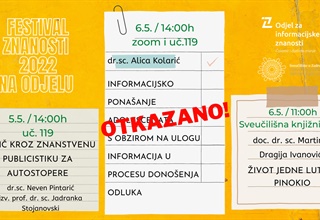 Obavijest o otkazivanju predavanja "Informacijsko ponašanje adolescenata s obzirom na ulogu informacija u donošenju odluka" u sklopu Festivala znanosti